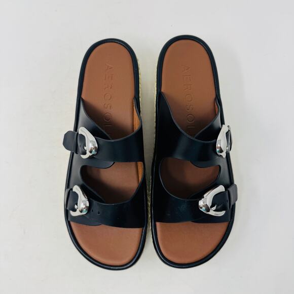 Aerosoles Women’s Size 10 Black Buckle Platform Sandals Espadrille Wedge Slides - Picture 5 of 14